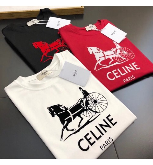 セリーヌ CELINE クルーネックTシャツ レディース メンズ男女用コットン Tシャツ半袖韓国風ハイブランドスーパーコピー服セリーヌクラシックロゴTシャツ赤 / ブラック／ホワイト