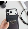 iphone 17/air/17 pro/17 pro max 即納 プラダ アイフォン17 16 15 pro max airケース Prada  Iphone air 17 16 Pro Max 15 Plus 14 13 12 17 Pro Max Xs Maxケース プラダ風ブラッククロスグレインレザー調トライアングルロゴカードポケットストラップ付きケース