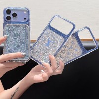 iphone 18/air/18 pro/18 pro max 即納 ルイヴィトン LOUIS VUITTON iPhone 18 17 16 15 Pro Max 14 Plus 13 12 Air SE 対応ケース ラメ入り モノグラム カードポケット クリアケース ブルー キラキラ レディース 高級感