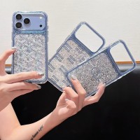 iphone 18/air/18 pro/18 pro max 即納 ミュウミュウ MIU MIU iPhone 18 17 16 15 14 13 12 Pro Max Plus Air 対応ケース ラメ入り ロゴ文字柄 カードポケット クリアケース ブルー キラキラ レディース おしゃれ