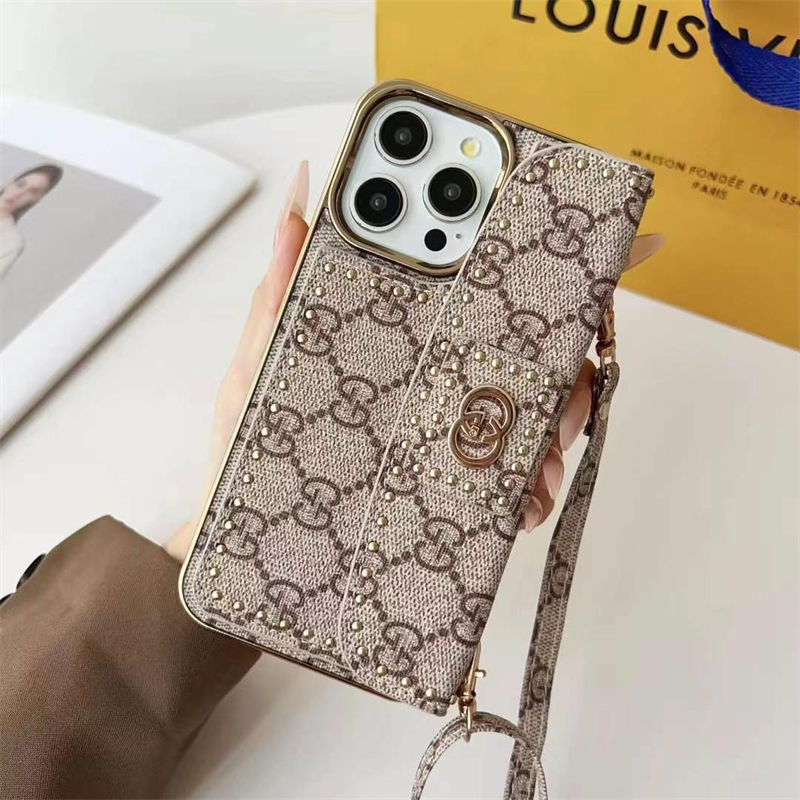 ルイヴィトン louis vuitton グッチ Gucci アイフォン16 15 pro max 17 plusケース  カード収納 ストラップ付き 
