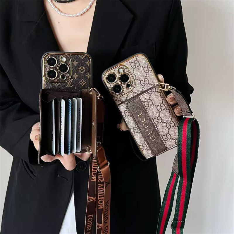 ルイヴィトン louis vuitton グッチ Gucci IPhone17 16 14 15 アイフォン15 16 pro maxケース 革製  斜め掛け 男女兼用 カード収納