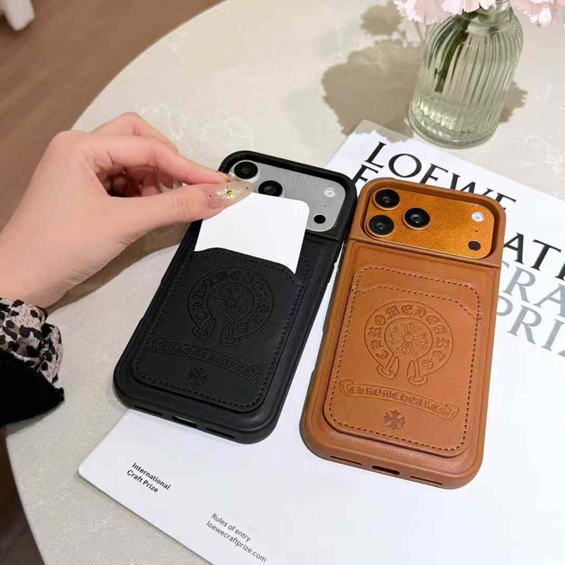 クロムハーツ iphone17 pro max 16 15 14 13pro Maxケース 背面カード収納 革製 男女兼用