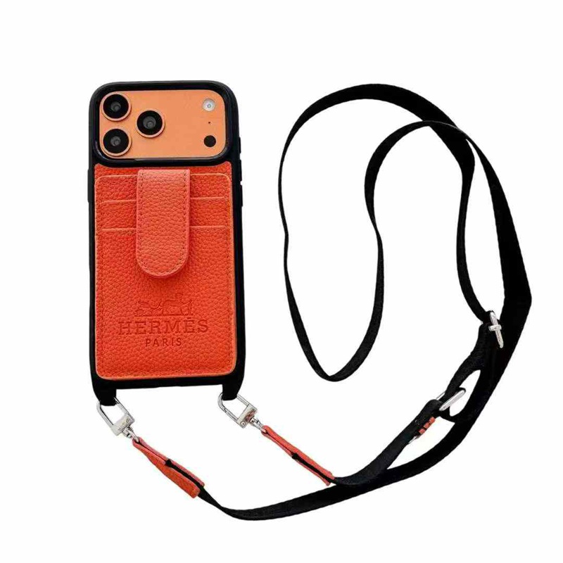 エルメス アイホン17 15 16 pro max携帯ケースカード収納 ストラップ付き 革製