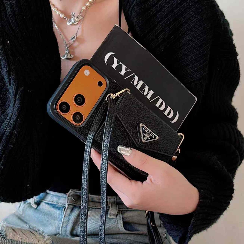 プラダ IPhone17 air 14 15 16 pro maxケース 革製 背面カード収納 斜め掛け