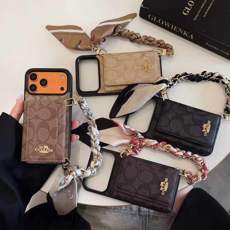 Coach iPhone air 18 17 16 15 plus ケース カジュアル 背面カード収納 ストラップ付き 革製