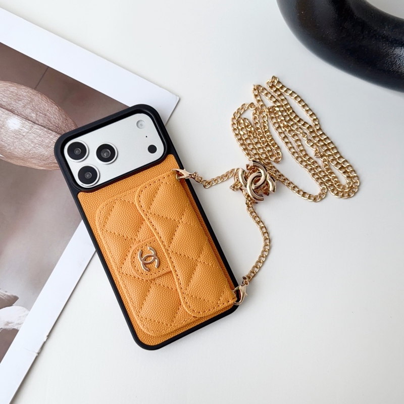 シャネル 手帳型スマホケース イエロー チェーンストラップ付き
