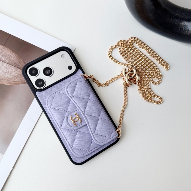 シャネル 手帳型スマホケース パープル チェーンストラップ付き