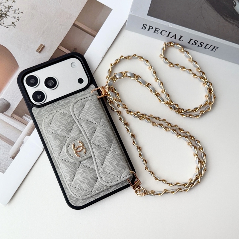 シャネル 手帳型スマホケース グレー チェーンストラップ付き
