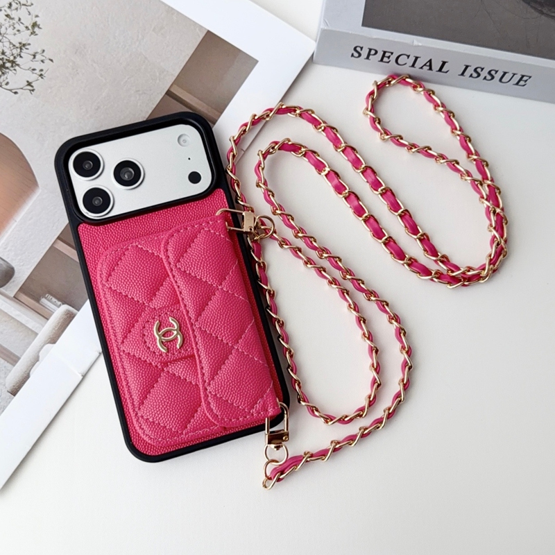 シャネル 手帳型スマホケース ピンク チェーンストラップ付き