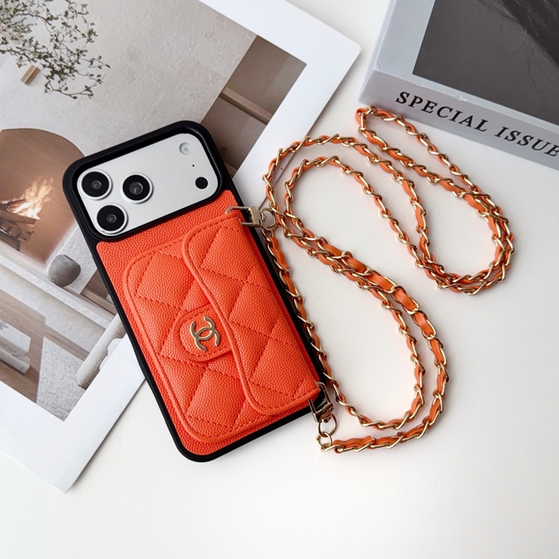 シャネル 手帳型スマホケース オレンジ チェーンストラップ付き