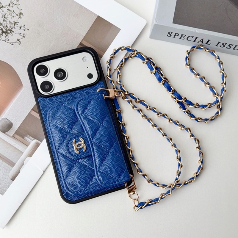 シャネル 手帳型スマホケース ブルー チェーンストラップ付き